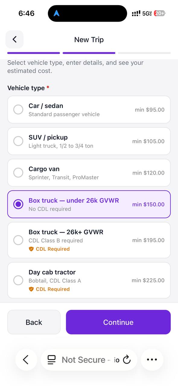 Vehicle Type Selection